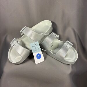 Shade & Shore Women Silver Glitter Double Strap Buckle Slides Sandals Size 7